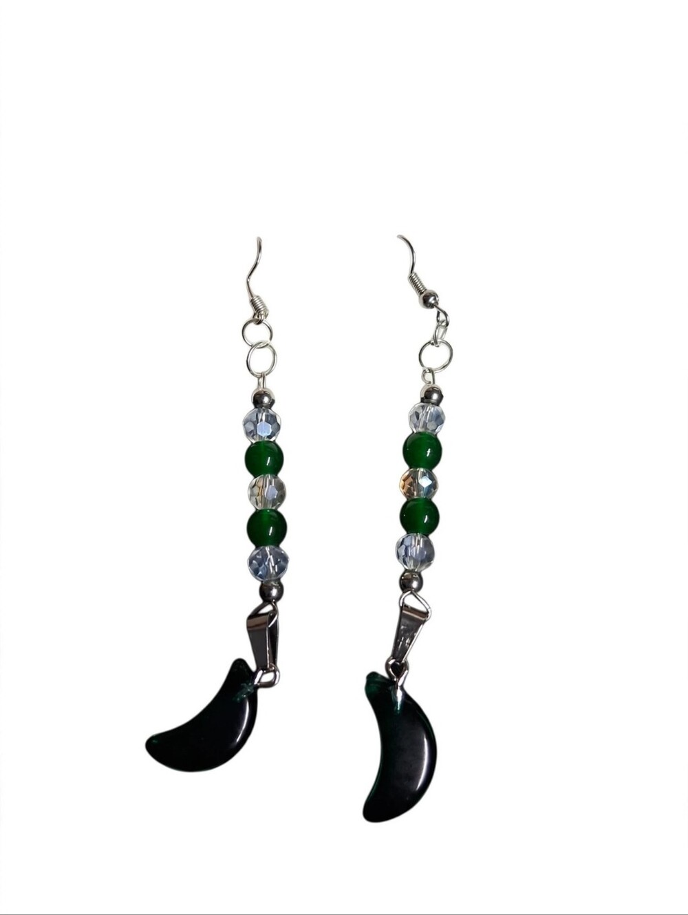 Green Beaded Dangle Earrings with Crescent Charm - Women Jewelry